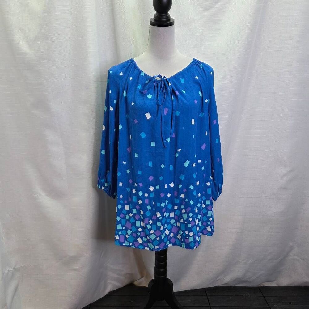 Bob Mackie Wearable Art Blue Cinched Neck Popover Blouse Size Large